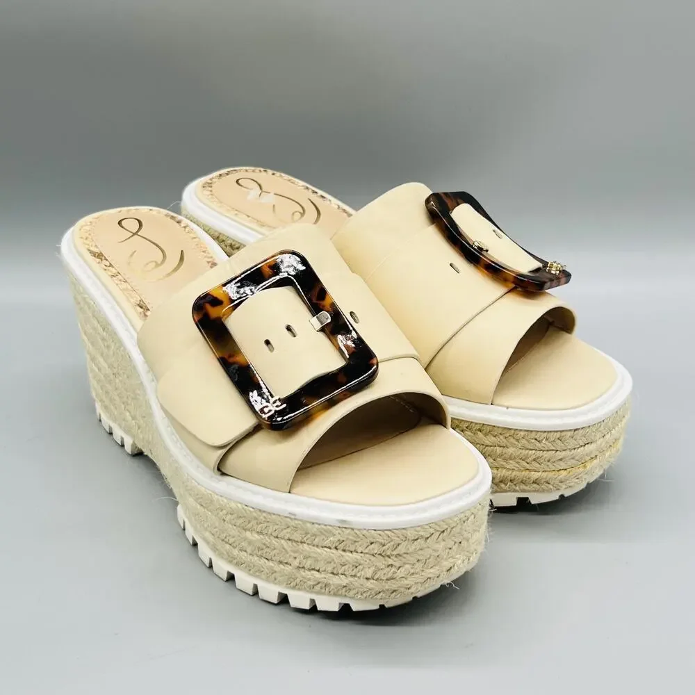 Sam Edelman Sandals Womens 7 Beige Leather Livi Espadrille Buckle Wedge Shoes